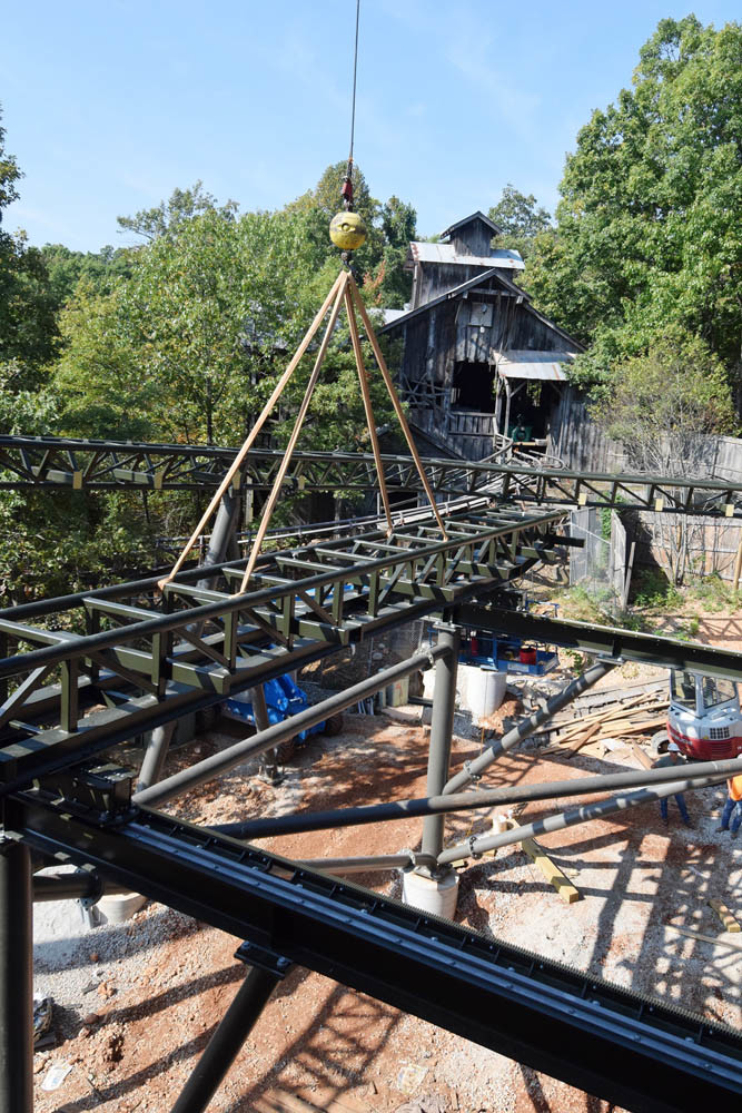 Last Lap
Construction crews lay the final piece of track Sept. 19 for Silver Dollar City’s new Time Traveler roller coaster. SDC’s largest project to date, the $26 million coaster was designed by Germany-based Mack Rides with 360-degree spinning cars reaching speeds of 50.3 mph. The ride is scheduled to open in spring 2018.