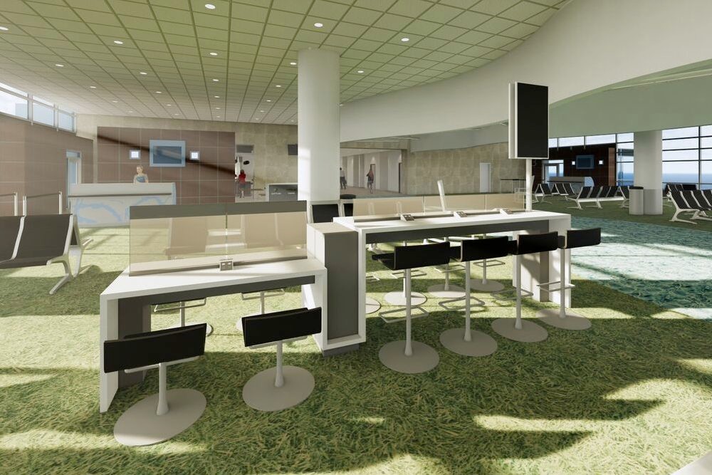 The airport will go from eight to 80 charging stations, located at six task table areas.