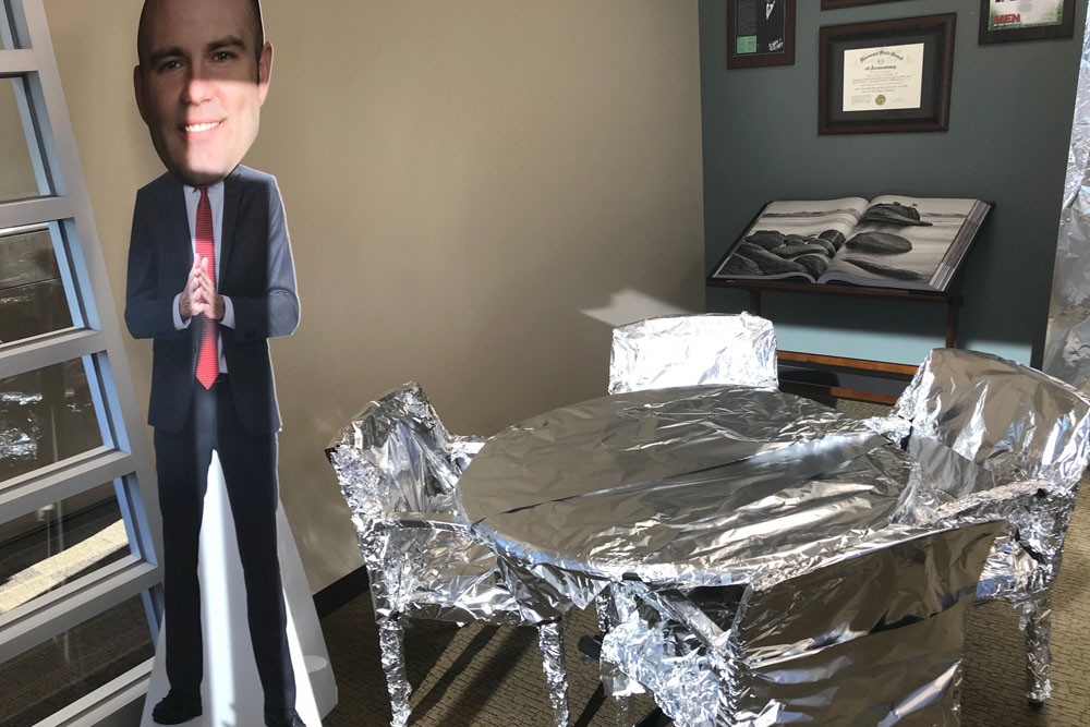 Office Prank
Gary Schafer walked into his BKD LLP office on his first day succeeding John Wanamaker as managing partner to find most everything covered in foil. Schafer tweeted June 1: “Foiled on my first day as MP!”