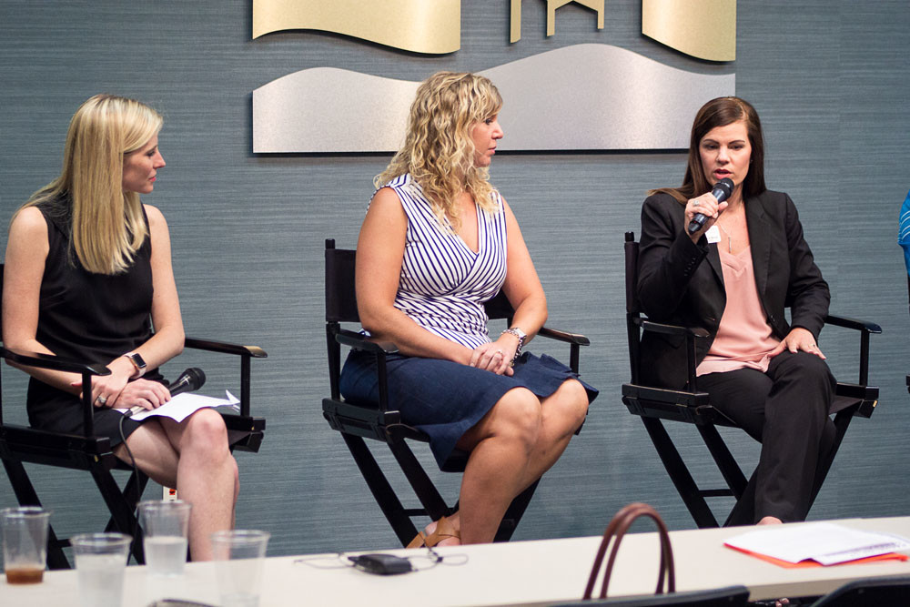 Missouri State University’s Amy Marie Aufdembrink, right, explains the Bachelor of Studies program as Catherine Bass Black of Bass Pro Shops, left, and Joselyn Baldner with Central Bank of the Ozarks listen at a panel discussion about employer educational support.