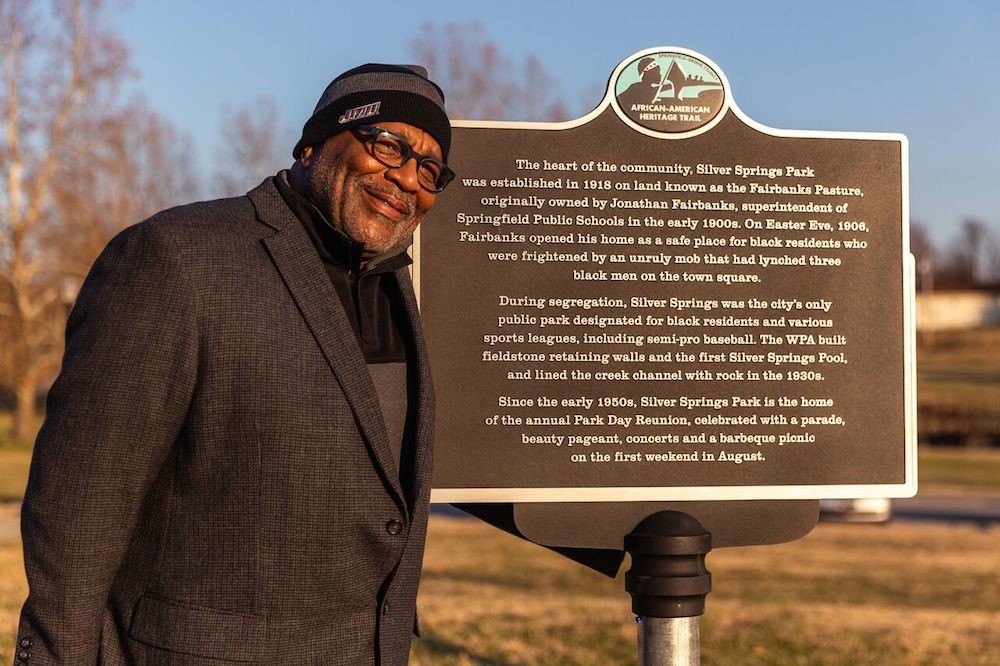 Business owner and MSU professor Lyle Foster stands by the first in a series of planned markers for a trail honoring Springfield's African-American heritage.