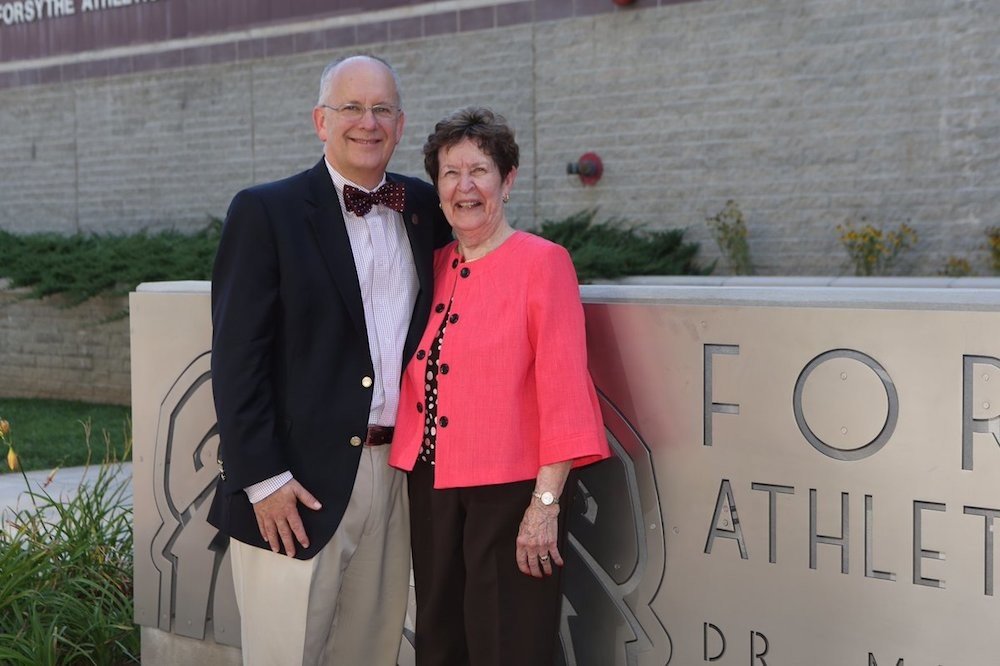 The late Mary Jo Wynn, right, led Missouri State University’s Fast Break Club, a Sports Hall of Fame inductee. She’s pictured five years ago with MSU President Clif Smart.