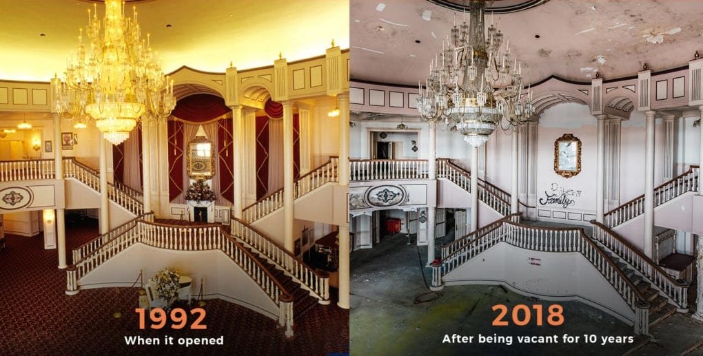 Photos show the condition of the front-facing portion of the building upon its opening in 1992 and in 2018.